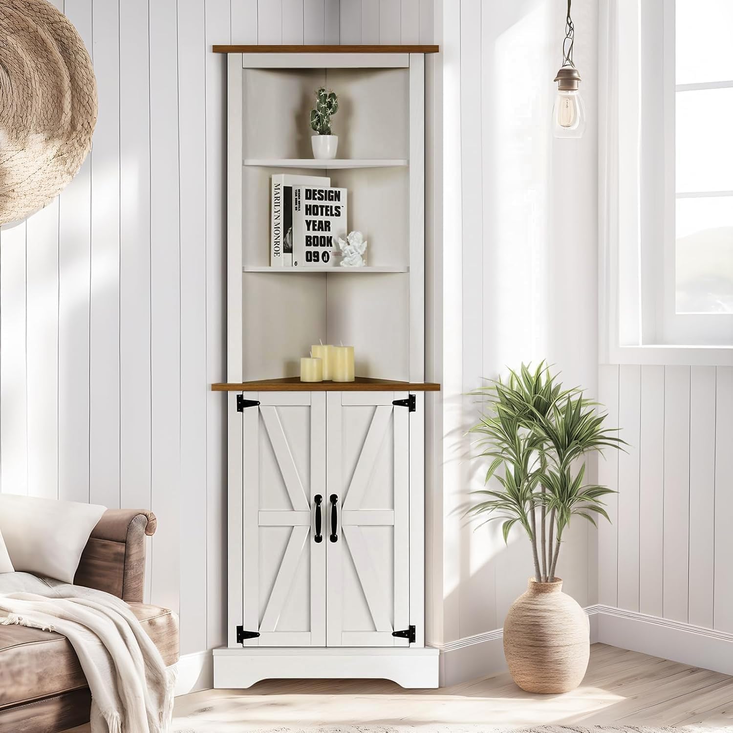 4 EVER WINE Farmhouse Corner Cabinet, Tall Corner Cabinet with 5 Shelves & Barn Doors, Corner Storage Cabinet Home Space Saver for Living Room