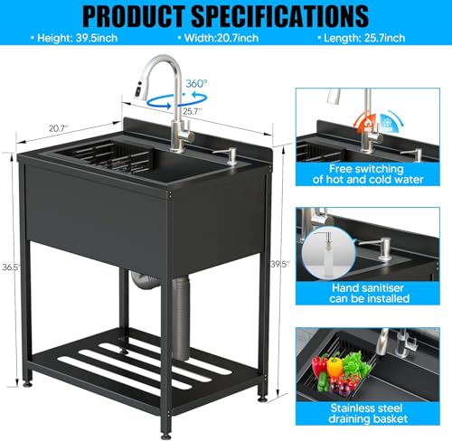 Stainless Steel Utility Sink, 30.8" × 22" × 39.5"Freestanding Sink with Cold and Hot Water Faucet,Hoses and Drain Kit for Kitchens, Bathrooms, Garage