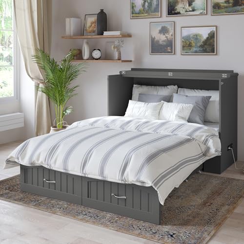 AFI Southampton Queen Murphy Bed Chest with Mattress, Storage, and Built-in Charger in Grey