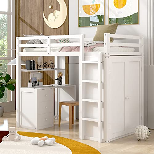 Harper & Bright Designs Full Size Loft Bed with Desk and Wardrobe, Solid Wood Loft Bed Frame with Storage Drawers, for Kids Teens Adults (White)