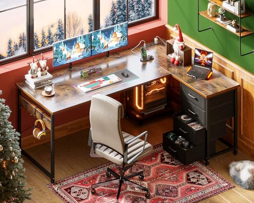 AODK L Shaped Gaming Desk with 4 Drawers, 61" Reversible Home Office Desks with Power Outlets