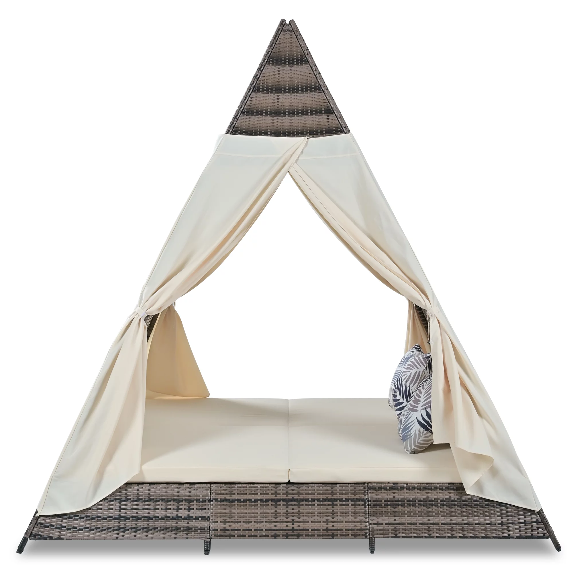 Syngar Outdoor Patio Sunbed with Removable Curtain, All Weather PE Wicker Tent-Shaped Daybed with Beige Cushions and Colorful Pillows