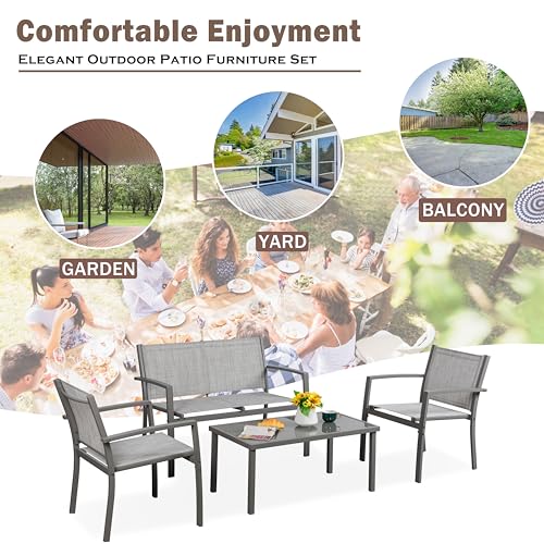 Vongrasig 4 Pieces Patio Furniture Sets,Outdoor Patio Conversation Sets with Glass Coffee Table, Small Porch Balcony Furniture