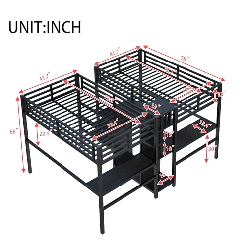 Bellamave Metal Loft Bed with Wardrobe and L-Shaped Desk, Full Size Loft Bed with Storage Cubes and Shelves, Heavy Duty LoftBed for Kids Teens Adults