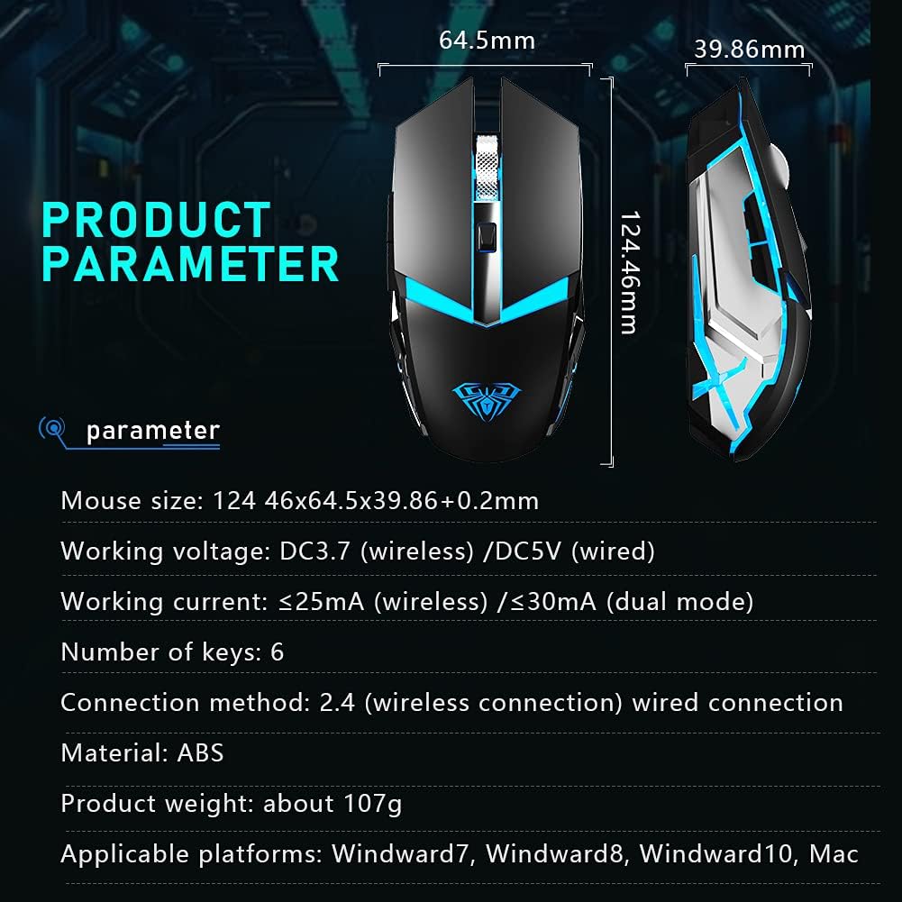 SOLAKAKA LED Wireless Gaming Mouse, 2.4G Cordless & USB Wired Dual-Modes Rechargeable Ergonomic Optical Computer Mice for Office/Games