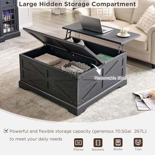 JXQTLINGMU Farmhouse Lift Top Coffee Table with Storage, 36" Wood Square Center Table with Large Hidden Compartment