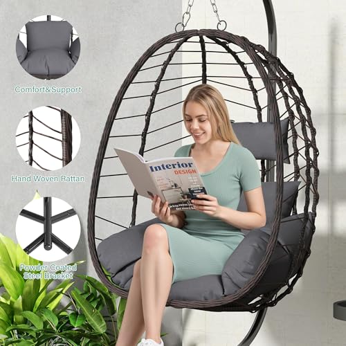 Hanging Egg Chair with Stand, Swinging Egg Chair Outdoor Indoor, Hanging Basket Chair with Cushion