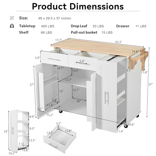 55.7'' Large Kitchen Island with 2 Drop Leaf, Rolling Kitchen Cart on 5 Wheels with Power Outlet