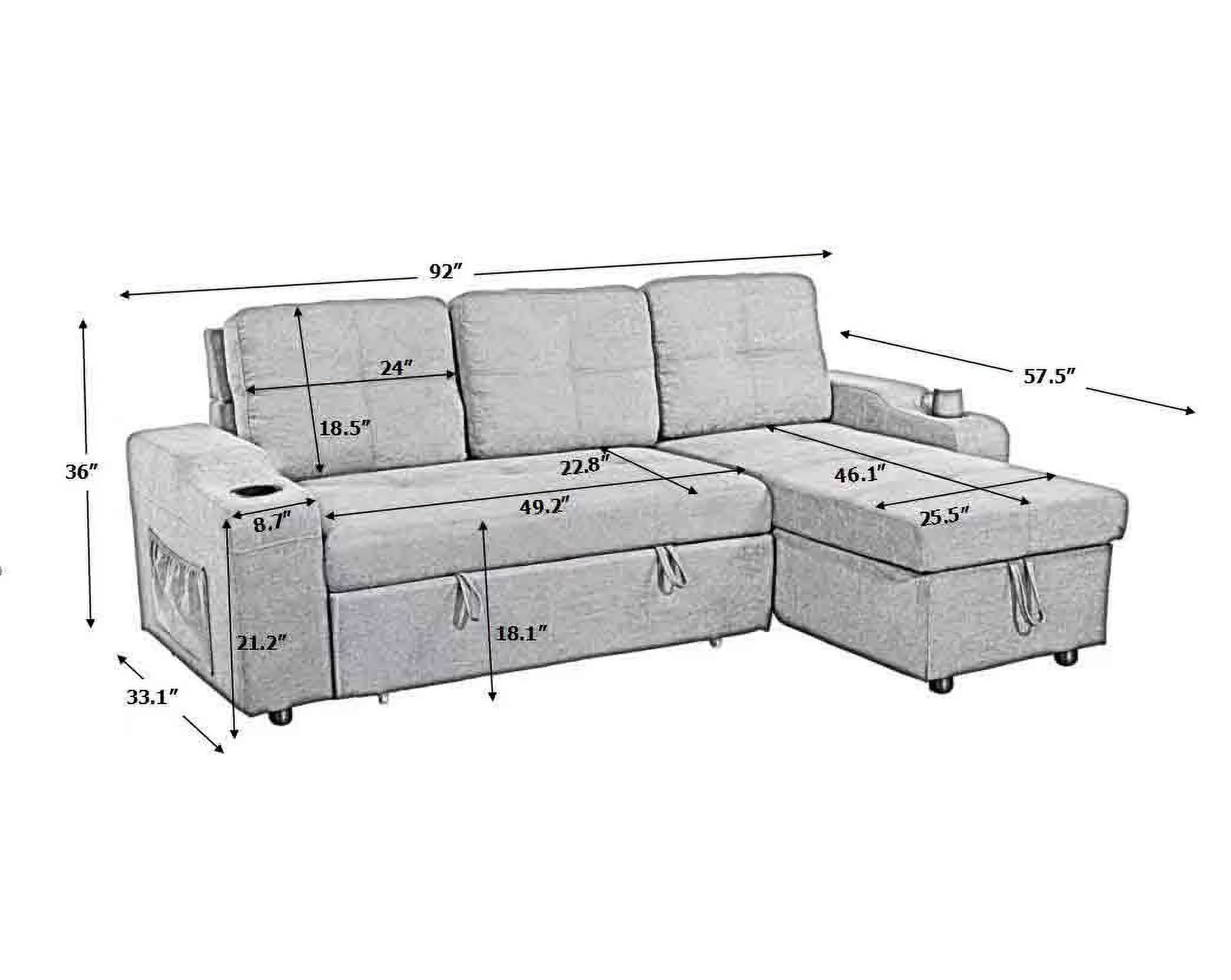 Right-facing sectional sofa with footrest, convertible corner sofa with armrest storage, living room and apartment sectional sofa