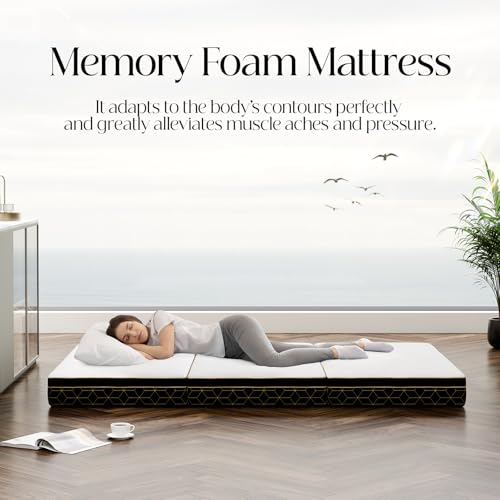Tri-Fold Memory Foam Mattress Queen - 6 Inch Portable Folding Mattress with Handle & Washable Cover, Floor Bed with Non-Slip Base