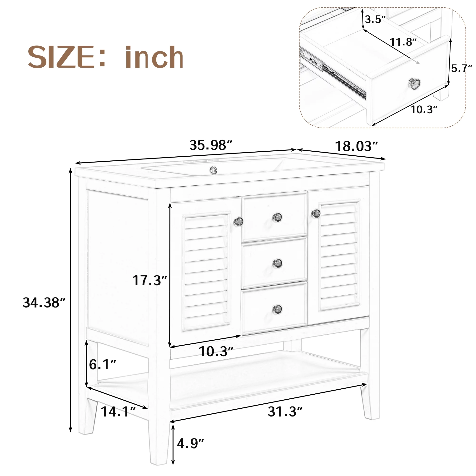 EUROCO 36" Bathroom Vanity with Ceramic Basin,Modern Freestanding Bathroom Storage Cabinet with 3 Drawers , 2 Doors and Open Shelf,Solid Wood Frame