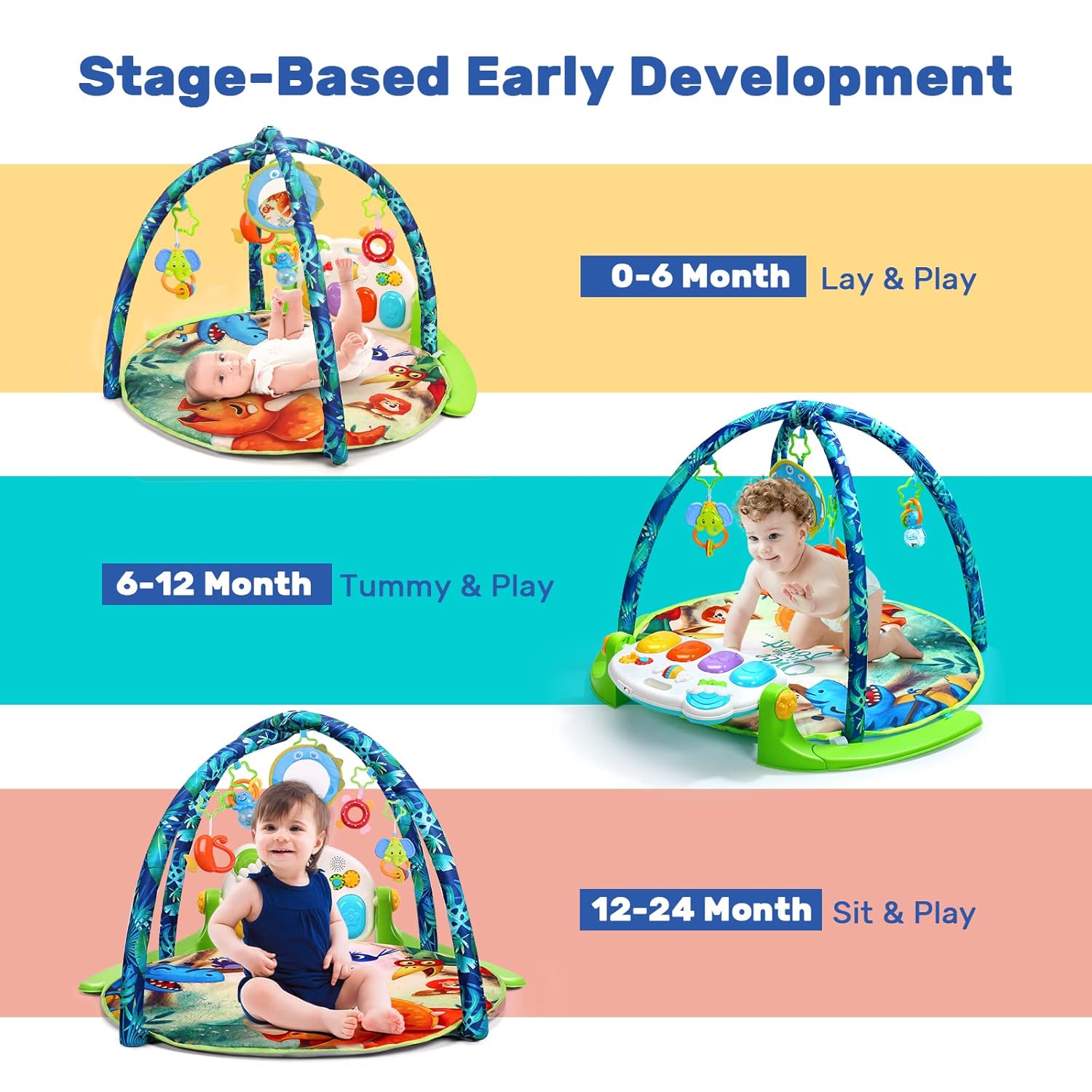HOLYFUN Baby Gym Play Mat, Kick and Play Piano Gym with 5 Sensory Teether Toys, Multifunctional Tummy Time Round Playmats