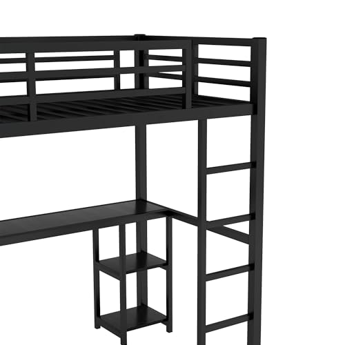 Bellamave Metal Loft Bed with Wardrobe and L-Shaped Desk, Full Size Loft Bed with Storage Cubes and Shelves, Heavy Duty LoftBed for Kids Teens Adults