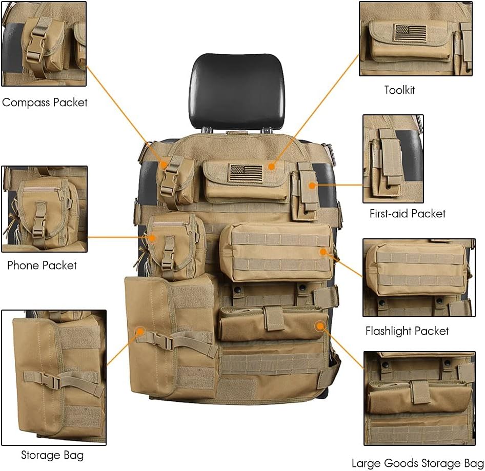 SUNPIE Upgrade Large Seat Size Universal Tactical Seat Cover for Trucks Multi Pockets Molle Seat Back Organizer Fit J eep Wrangler JL/JLU/Gladiator