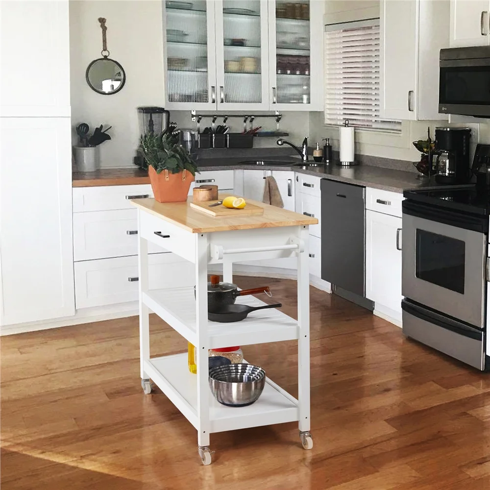 Topeakmart Kitchen Island Cart with Wheels Storage Drawer Solid Wood Countertop, White
