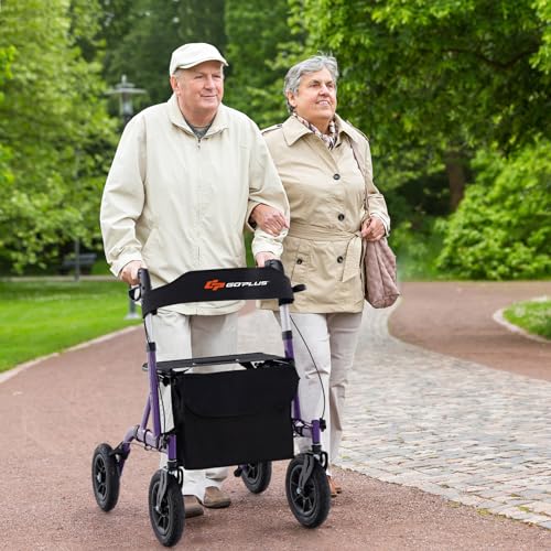 Goplus Rollator Walkers for Seniors with Seat, Foldable Rolling Walker with 9.5” All Terrain Pneumatic Wheel, Supports up to 350 lbs