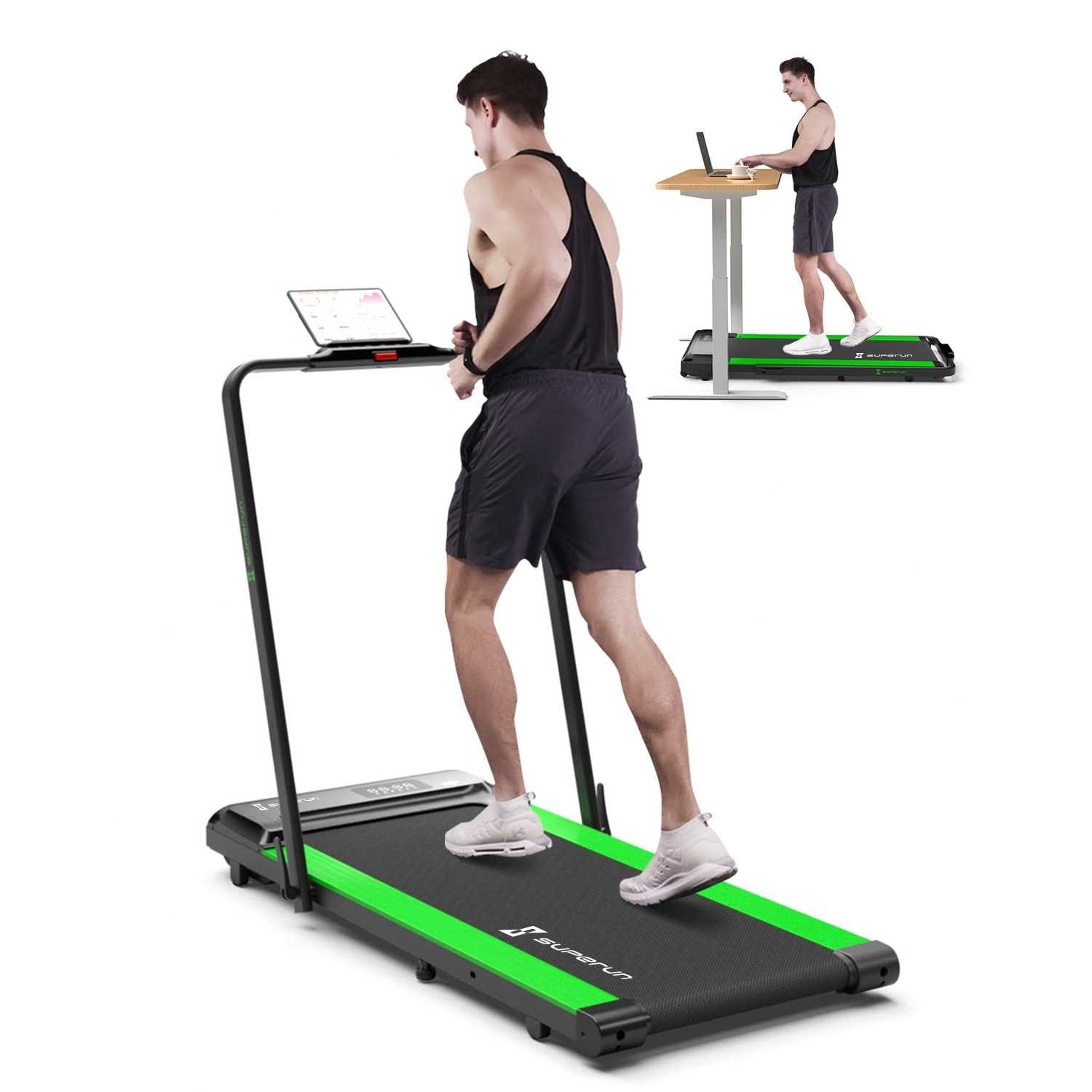 Superun 2 in 1 Folding Treadmill 3 HP Indoor Walking pad with 300lbs Capacity &amp; APP Bracelet &amp; Wider Running Belt