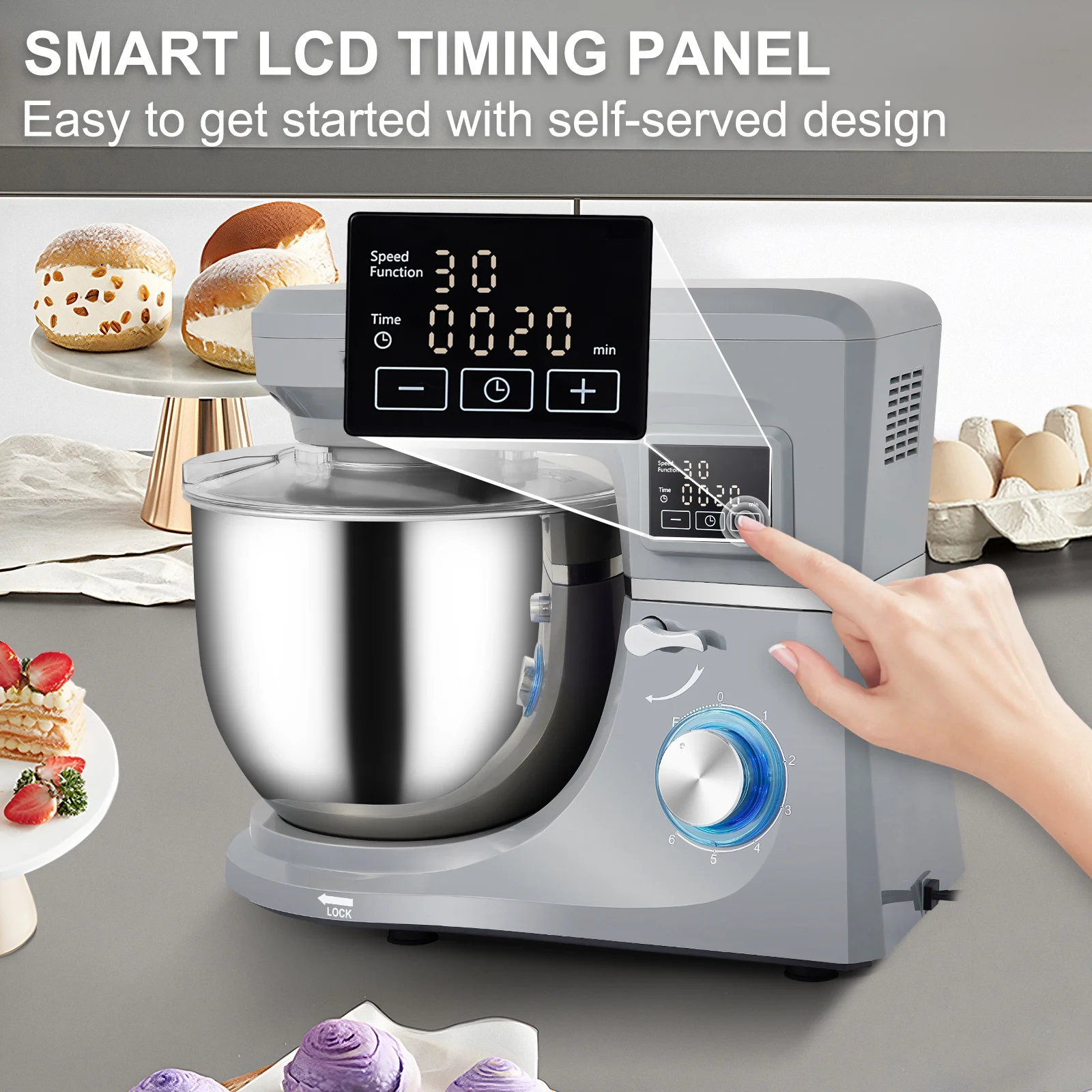 BENTISM Stand Mixer 7.4Qt LCD Screen Timing 6-Speed Dough Mixer w/ Grinder Juicer
