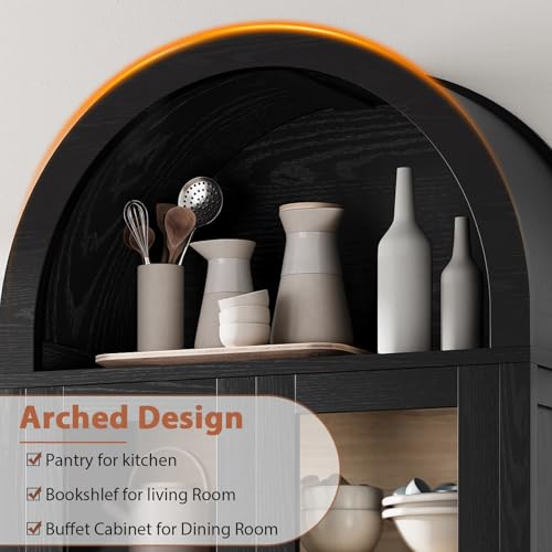 Kitchen Pantry Cabinet, Arched Bookshelf Bookcase China Pantry Storage Cabinet with Drawers Doors and Shelves