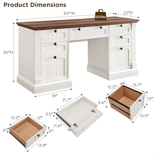 OKD 60" Executive Desk with Drawers, Farmhouse Home Office Desk with Charging Station, Keyboard Tray, File Cabinet Storage