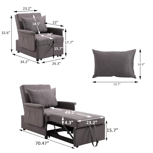 Chair Beds Sleeper 3-in-1 Use, Pull Out Sleeper Chair Bed, Convertible Chairs into Beds with Adjustable Backrest, Side Pockets and Pillow