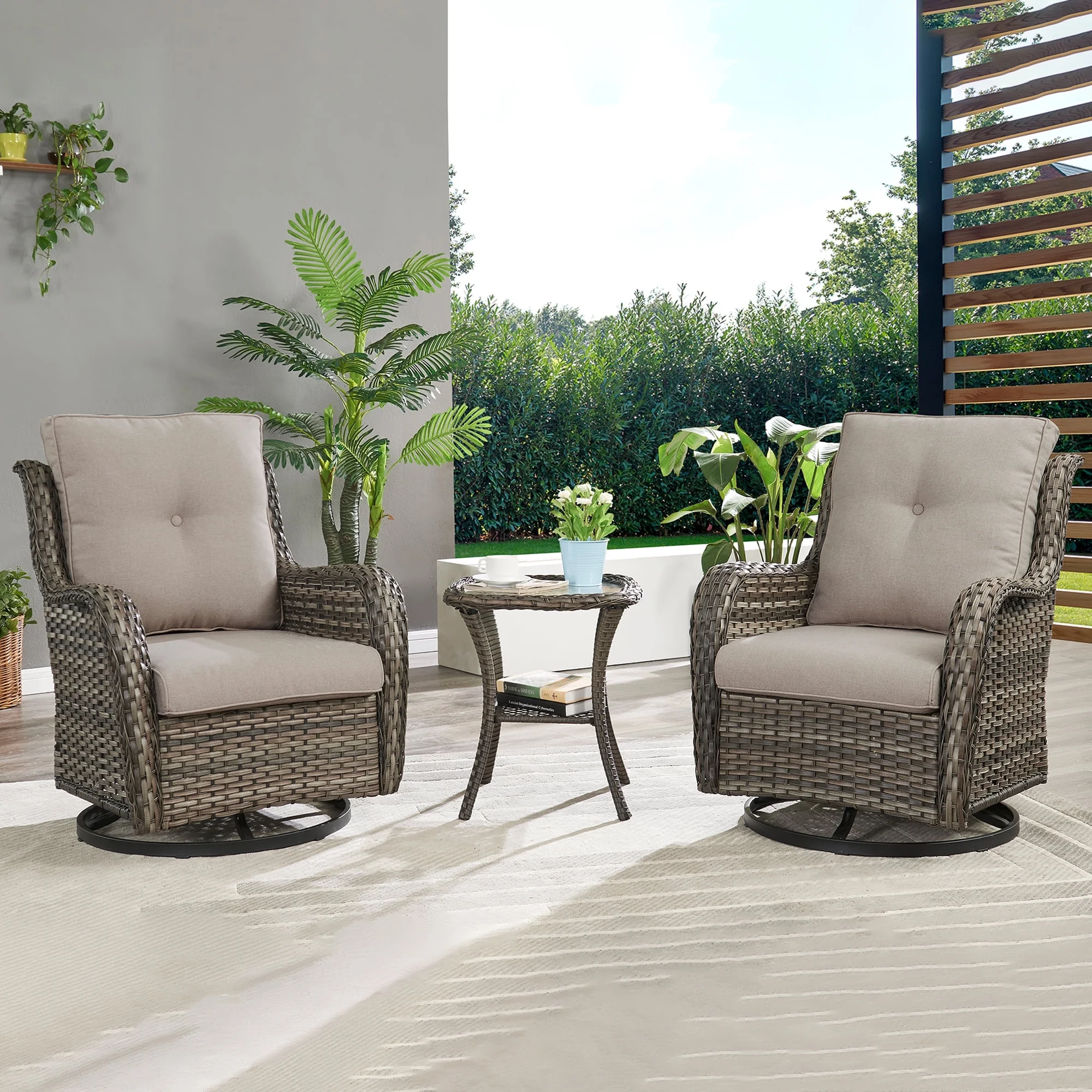 PARKWELL 3-Piece Outdoor Swivel Gliders with Side Table - Patio Wicker Bistro Furniture Set for Porch Deck Backyard