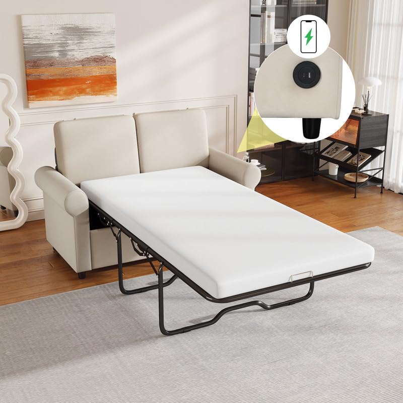 Pull Out Sofa Bed, 2 in 1 Pull Out Couch Sleeper Sofa Bed Couch with Twin Size Mattress Pad & 2 USB Ports
