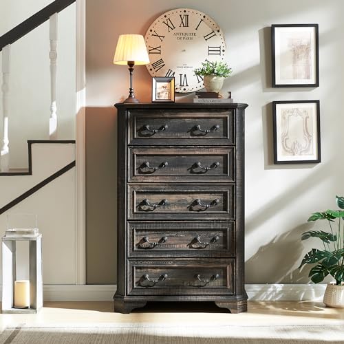 T4TREAM Farmhouse 5 Drawers Dresser for Bedroom, 48" Tall Wood Rustic Chest of Drawers with Natural Texture, Vintage Design
