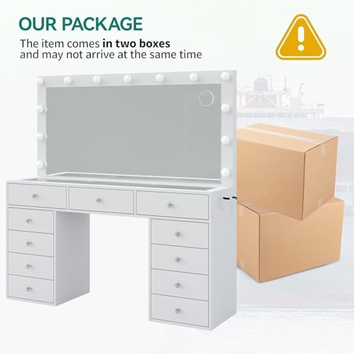 Vanity Desk & Power Outl, Makeup Vanity with Mirror and 12 LED Lights, Makeup Table with 11 Drawers, Vanity Table with Chair
