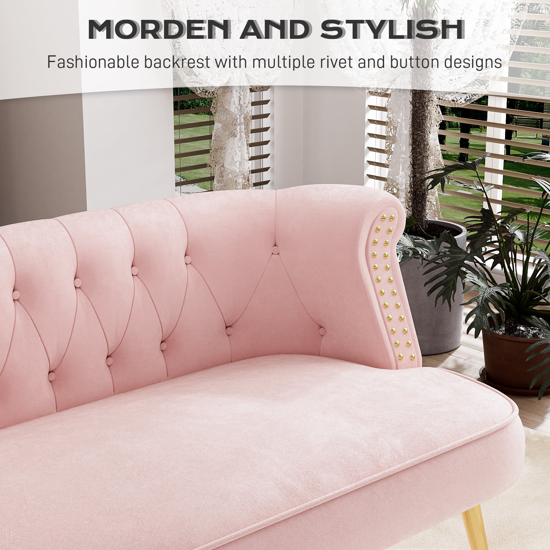 Modern Loveseat Settee Bench Sofa with Nailhead Trim and Golden Legs