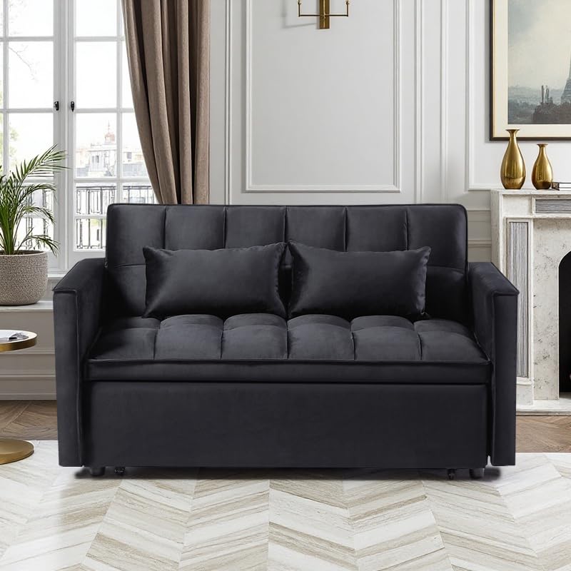 3 in 1 Sleeper Sofa Bed, Futon Sofa Bed for Living Room with Side Pocket, Black Sleepers Sofa Couch with Pullout Bed