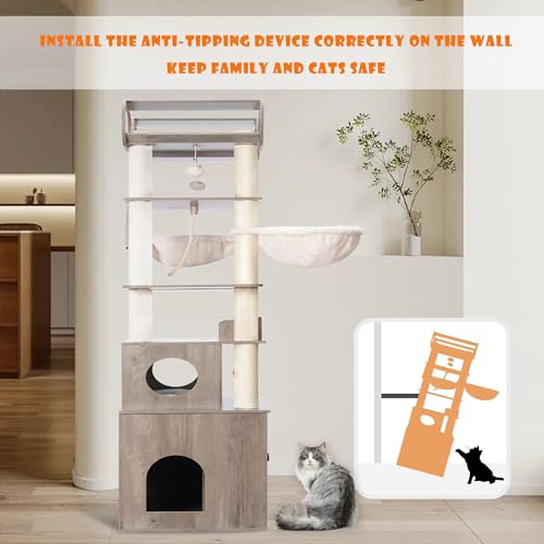 Heybly Cat Tree with Litter Box Enclosure, 76.8-inch Wooden mainecoons Cat Tower with Food Station,Extra Large Platforms