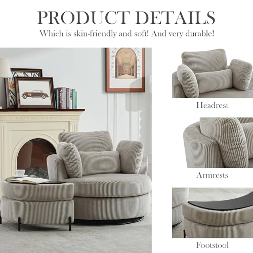 Aoiy & Wifon 42.2" W Oversized Swivel Barrel Chair with Ottoman, Upholstered Round Accent Chair with Storage Ottoman, Chenille, Beige