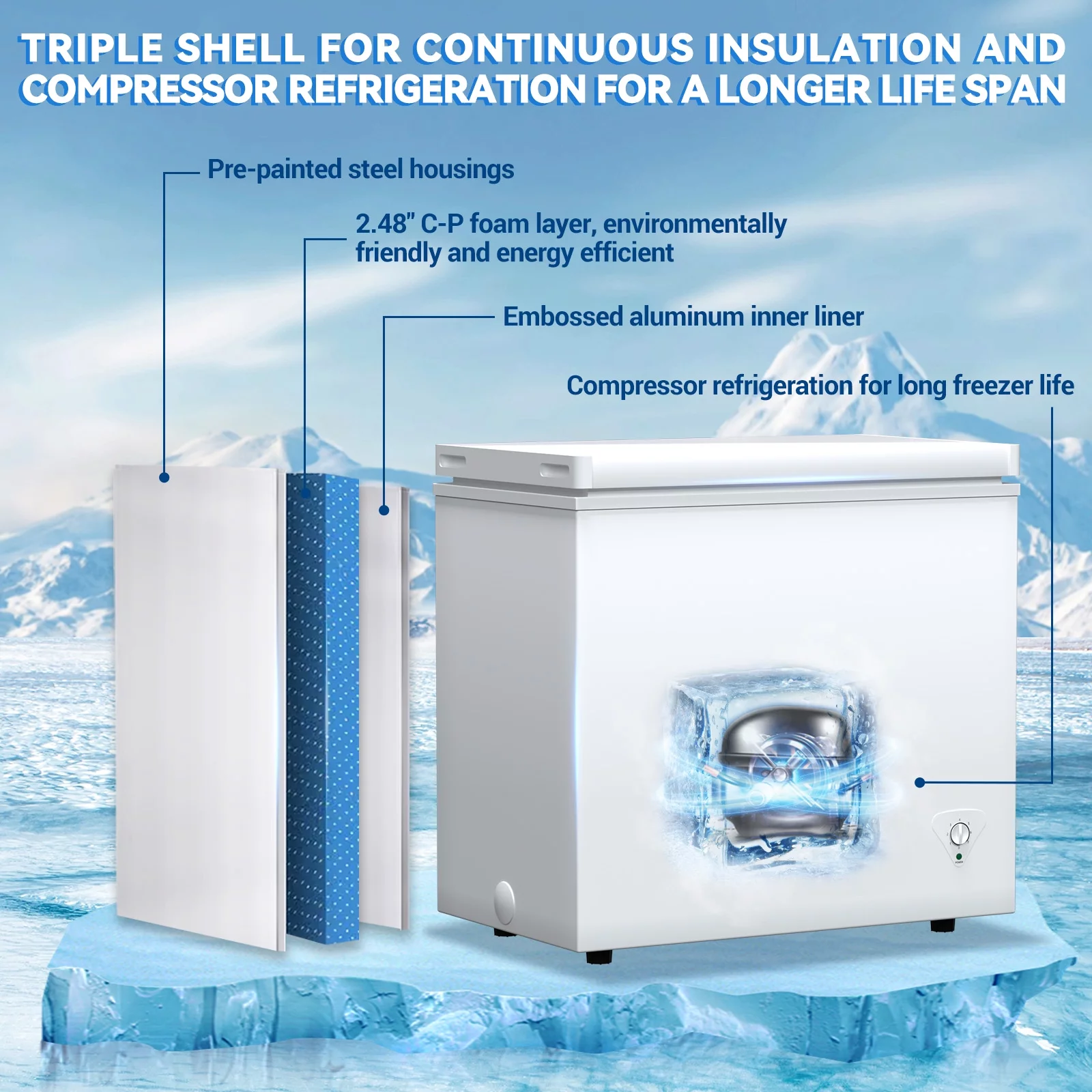 7 Cu. Ft. Chest Freezer with Removable Basket, Fast Freeze Small Deep Freezer