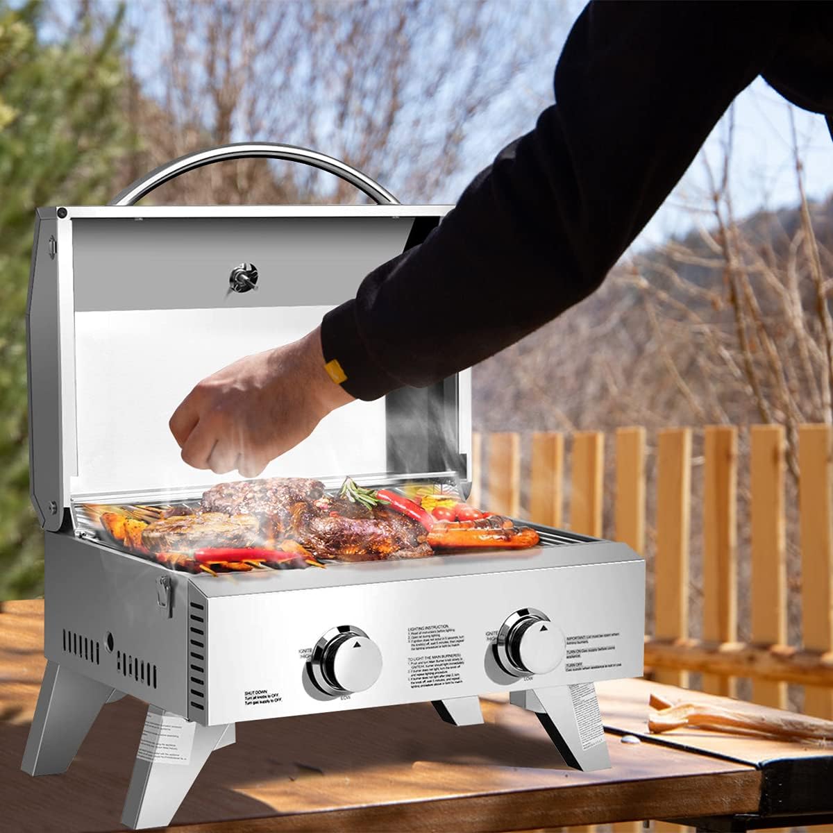 Happygrill Portable Gas Grill Stainless Steel Propane Grill Two-Burner Outdoor BBQ Grill with Foldable Leg for Camping Picnics, 20000 BTU