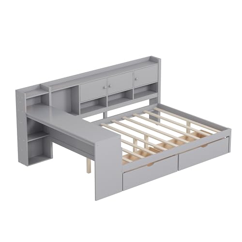 Corner Twin Bed Frame with Bookcase Storage and Desk, Wood Day Beds with 2 Drawers, Twin Size Daybed with Storage for Living Room
