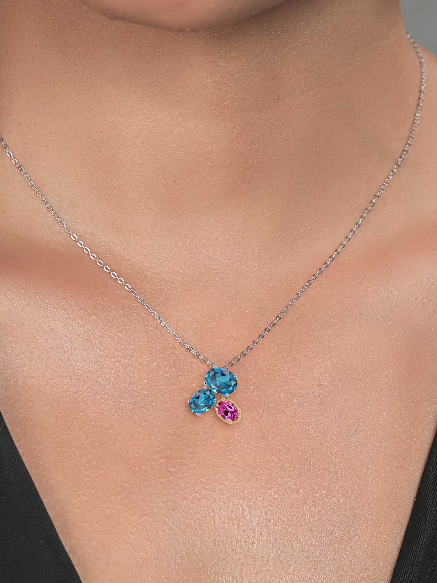 925 Silver and 10K Yellow Gold London Blue Topaz and Pink Created Sapphire Pendant Necklace For Women (3.00 Cttw, Oval 8X6MM, 7X5MM and 6X4MM