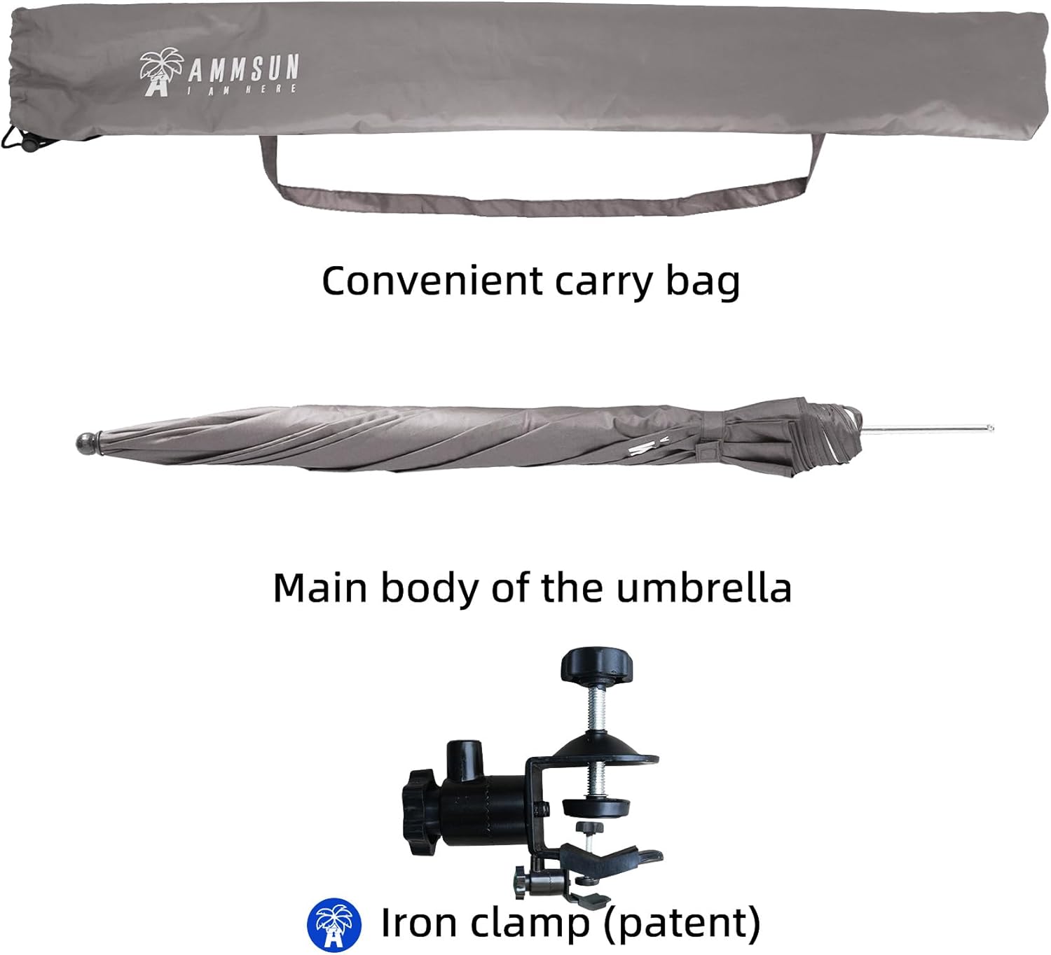 AMMSUN XL Chair Umbrella with Universal Clamp 52 inches and 360-degree Swivel UPF 50+, Portable Clamp on Camping or Beach Chair, Stroller, Wheelchair