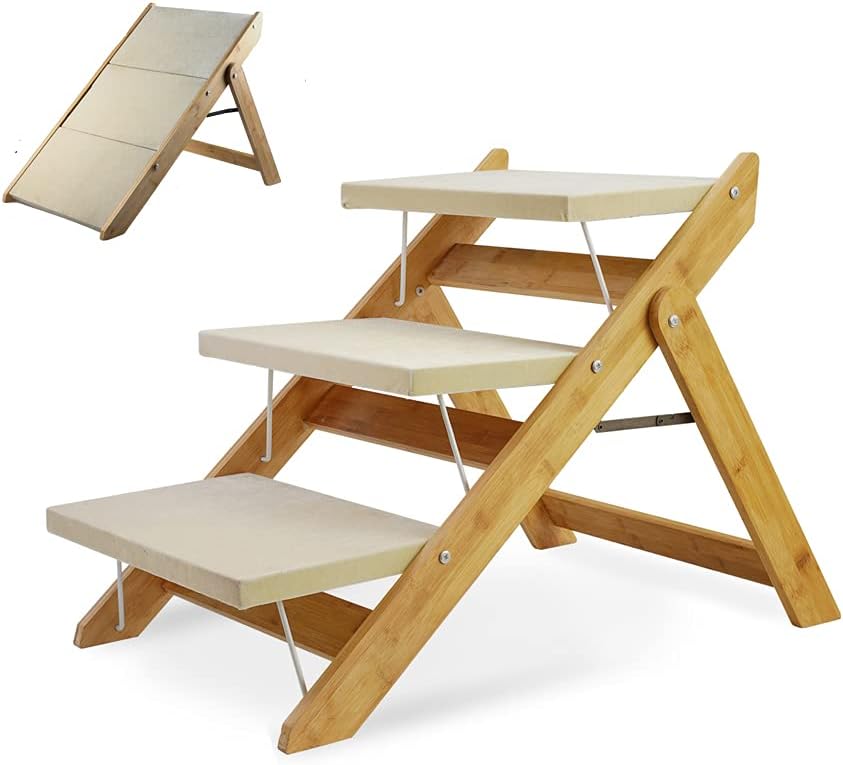 MOUOGO Wooden Pet Stairs/Pet Steps, Bamboo Portable 2-in-1 Pet Ramp for Small to Large Dogs and Cats, Nonslip 3-Step Dog Steps for High Beds