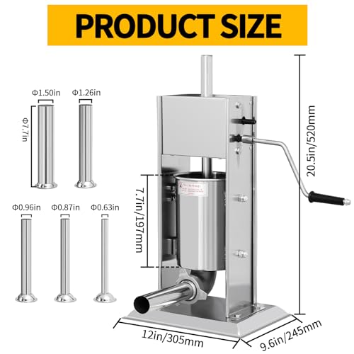 Manual Sausage Stuffer 7L/14LB, Vertical Sausage Maker, Food Grade Stainless Steel Meat Filling Kitchen Machine with 5 Stuffing Tubes for Commercial