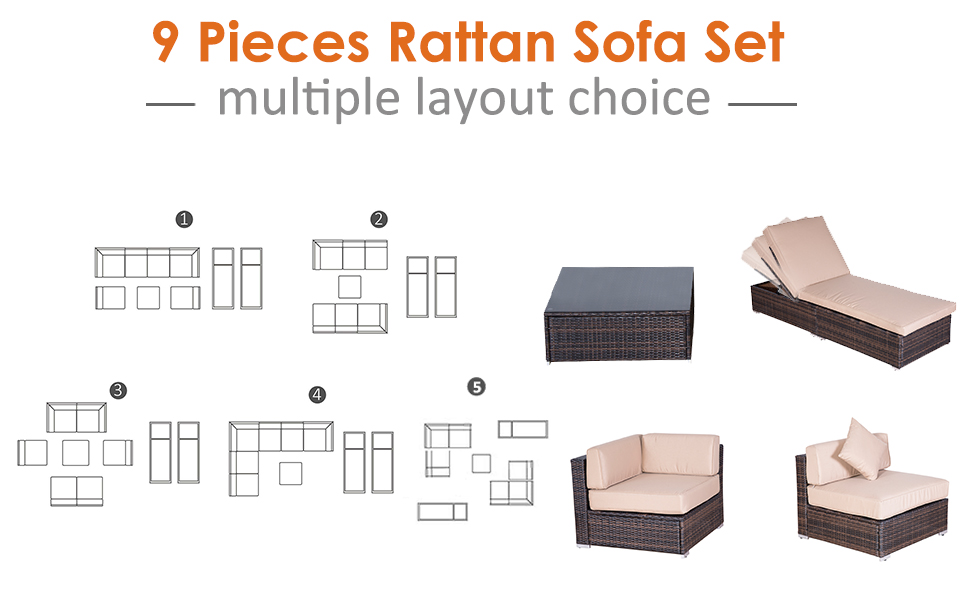 【Home&Garden】【Best Sellers】👍Outsunny 9pcs Outdoor Indoor Wicker Rattan Sofa Set Patio Furniture Garden Sectional Lounge Coffee
