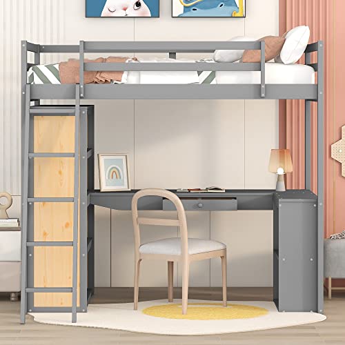 Twin Loft Bed with Staircase, Desk and Wardrobe, Wood Loft Bed with Storage Shelves and Safety Guardrail