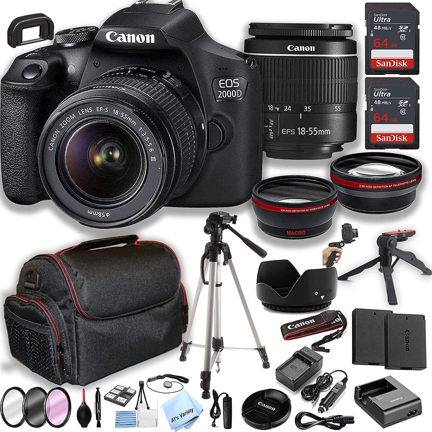 Canon EOS 2000D / Rebel T7 DSLR Camera w/EF-S 18-55mm Zoom Lens + 2pcs 64GB Memory + Case+ Tripod + Steady Grip Pod + Filters + Macro + 2X Lens + 2X