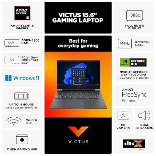 HP Victus Gaming Laptop, 15.6 inches 144Hz FHD(1920 x 1080) Anti-Glare Display, AMD Ryzen 5-8645HS, 16GB RAM, 1TB SSD, NVIDIA GeForce RTX 4050