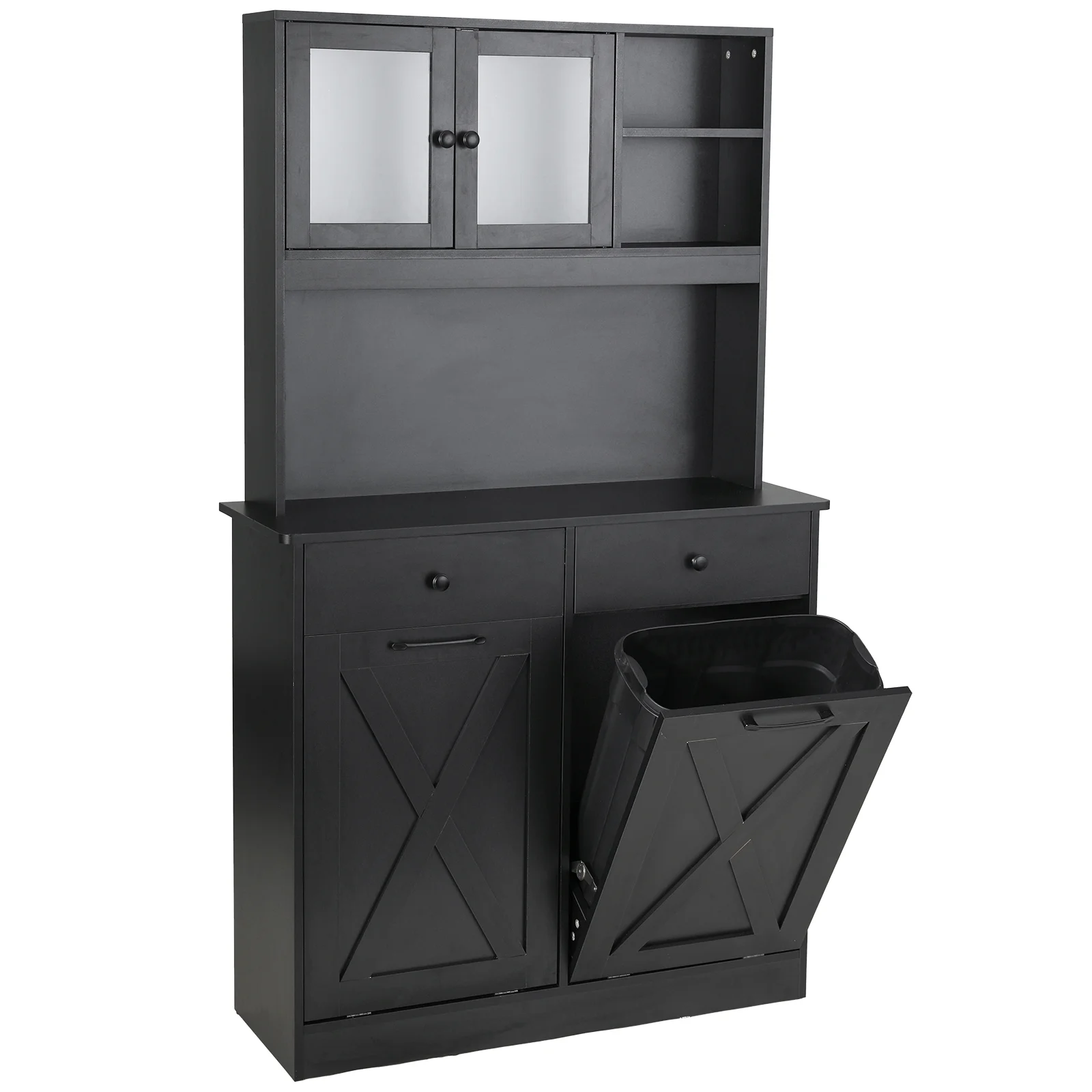 Arlopu Kitchen Pantry Storage Cabinet, Wooden Double Tilt Out Trash Cabinet Freestanding Garbage Bin Holder Recycling Cabinet with Drawers, Shelves