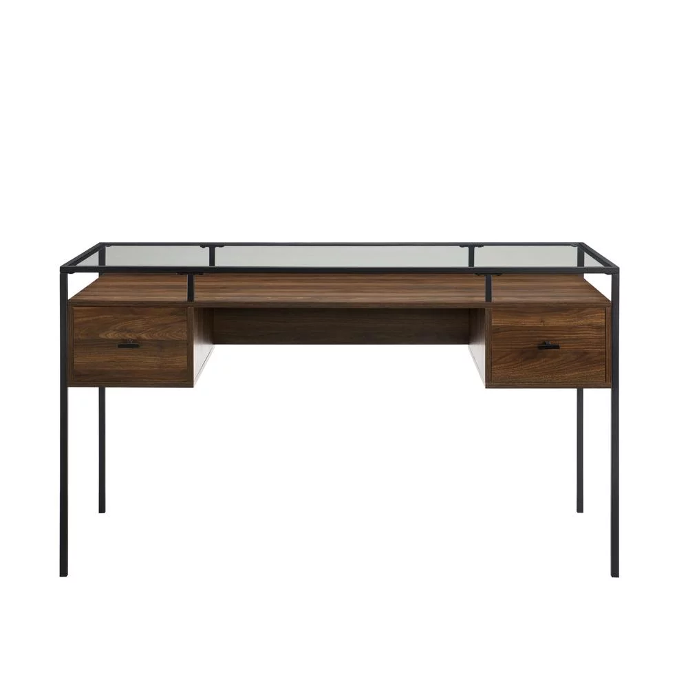 Fulton 56" 2-Drawer Lifted Tempered Glass Top Desk in Dark Walnut