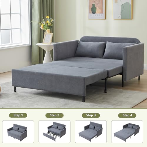 3-in-1 Sleeper Sofa Bed, 51'' Convertible Folding Couch with Pullout Bed, Chenille Futon Sleeper Sofa with Side Table and 2 Pillows