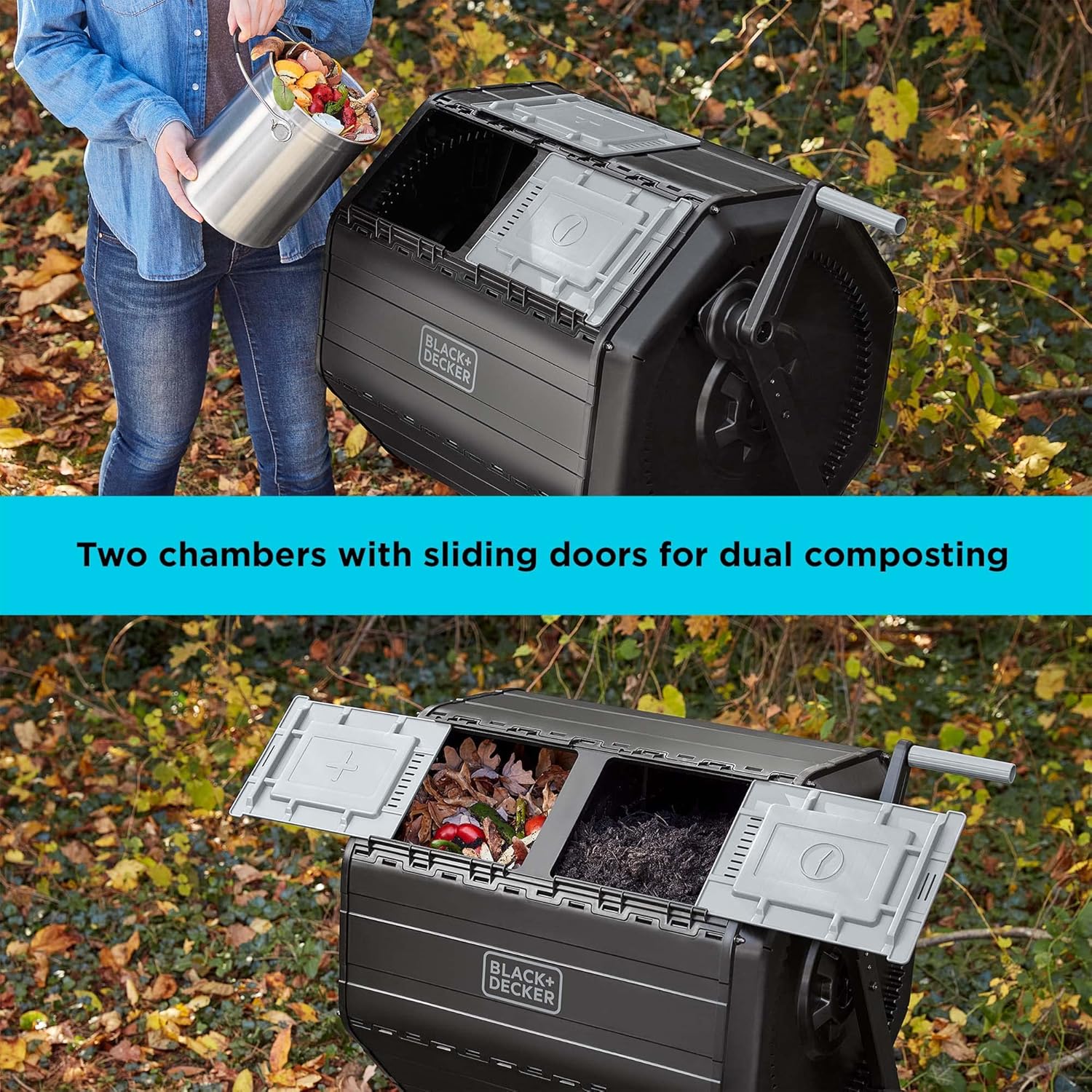 BLACK+DECKER Compost Tumbler, Dual Chamber Composter, 40 Gallon, Easy Handle System for Composting