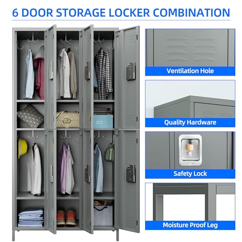 6 Door Metal Storage Locker 18 Hooks,Metal Locker for Employees with Lock for School Garage Office Gym Bedroom,Assembly Required