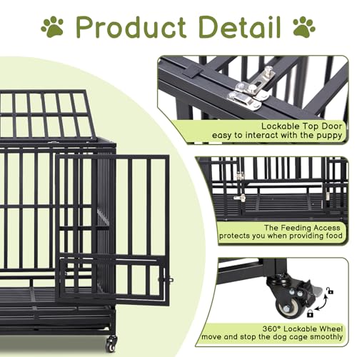 Outvita Heavy Duty Dog Crate,42" Large Metal Wire Dog Kennel, Chew Proof Dog Cage with Lockable Wheels, Plastic Try